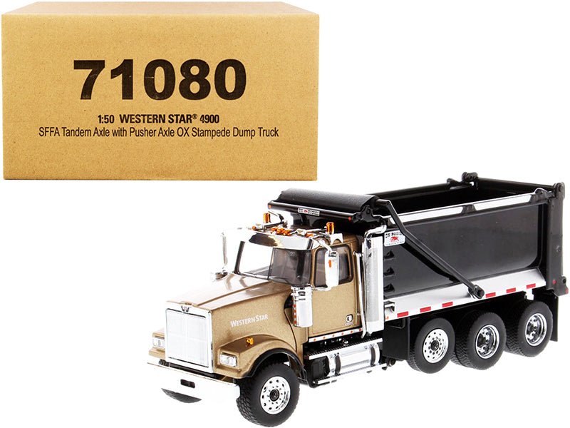 Western Star 4900 SFFA Tandem with Pusher Axle OX Stampede Dump Truck Gold and Black "Transport Series" 1/50 Diecast Model by Diecast Masters free shipping USA - Rapid Vehicles