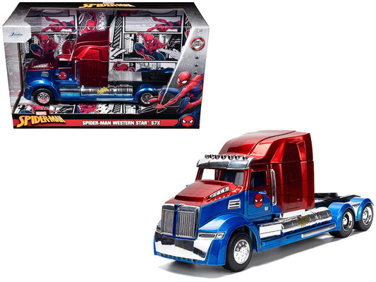 Western Star 57X Truck Tractor "Spider - Man" Blue and Red Metallic "Hollywood Rides" Series 1/24 Diecast Model by Jada free shipping USA - Rapid Vehicles
