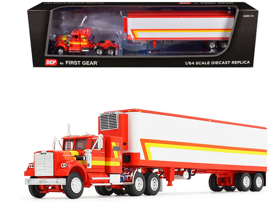 White Western Star 4900 with 36" Vintage Flat Top Sleeper and Wilson 40' Vintage Refridgerated Trailer Red and White with Stripes 1/64 Diecast Model by DCP/First Gear free shipping USA - Rapid Vehicles
