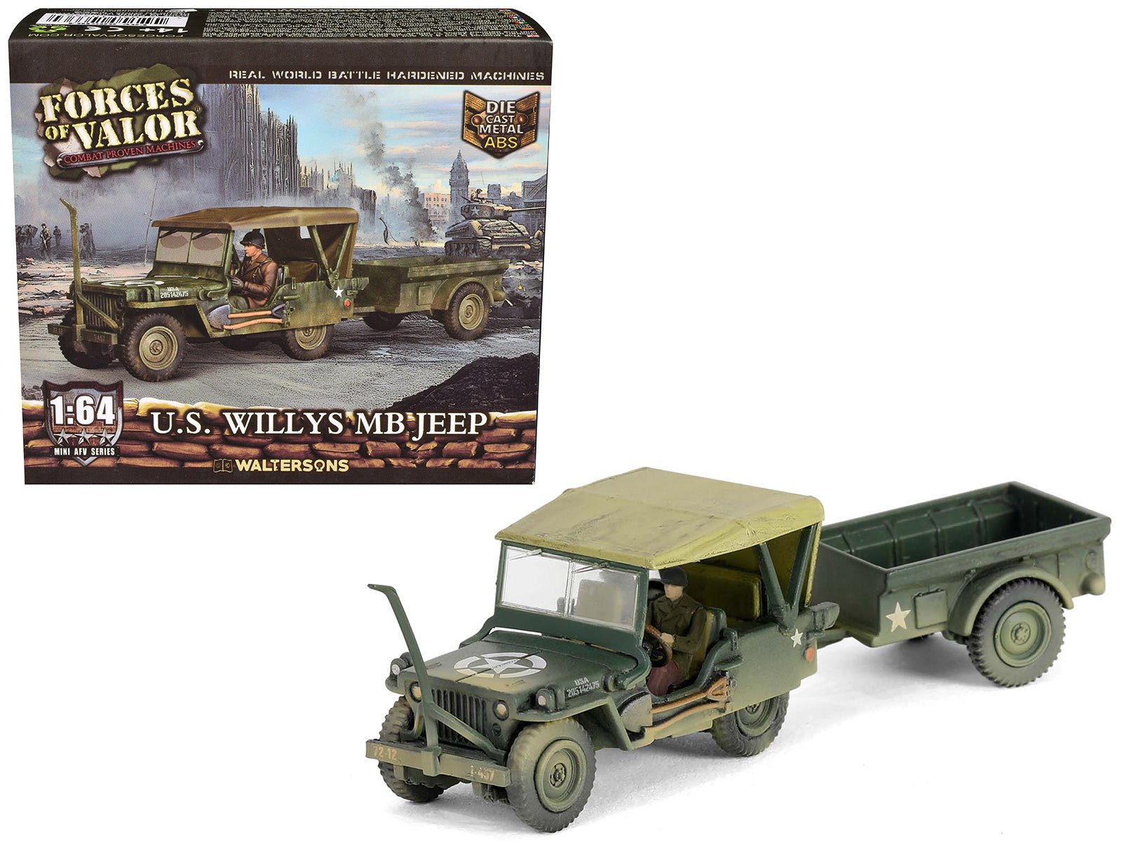 Willys MB Jeep with Trailer Olive Drab (Weathered) with Driver Figure "United States Army" "Mini AFV" Series 1/64 Diecast Model by Forces of Valor free shipping USA - Rapid Vehicles
