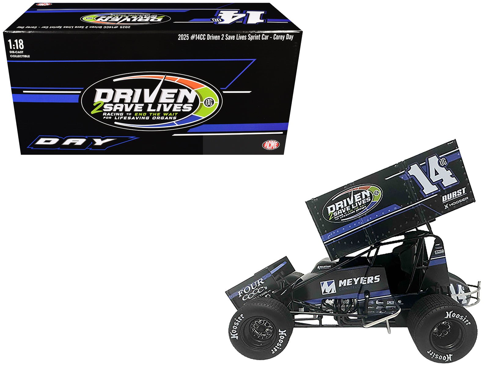 Winged Sprint Car 14CC Corey Day (Blue Version) "Driven 2 Save Lives" Jason Meyers Racing (2025) 1/18 Diecast Model Car by ACME free shipping USA - Rapid Vehicles