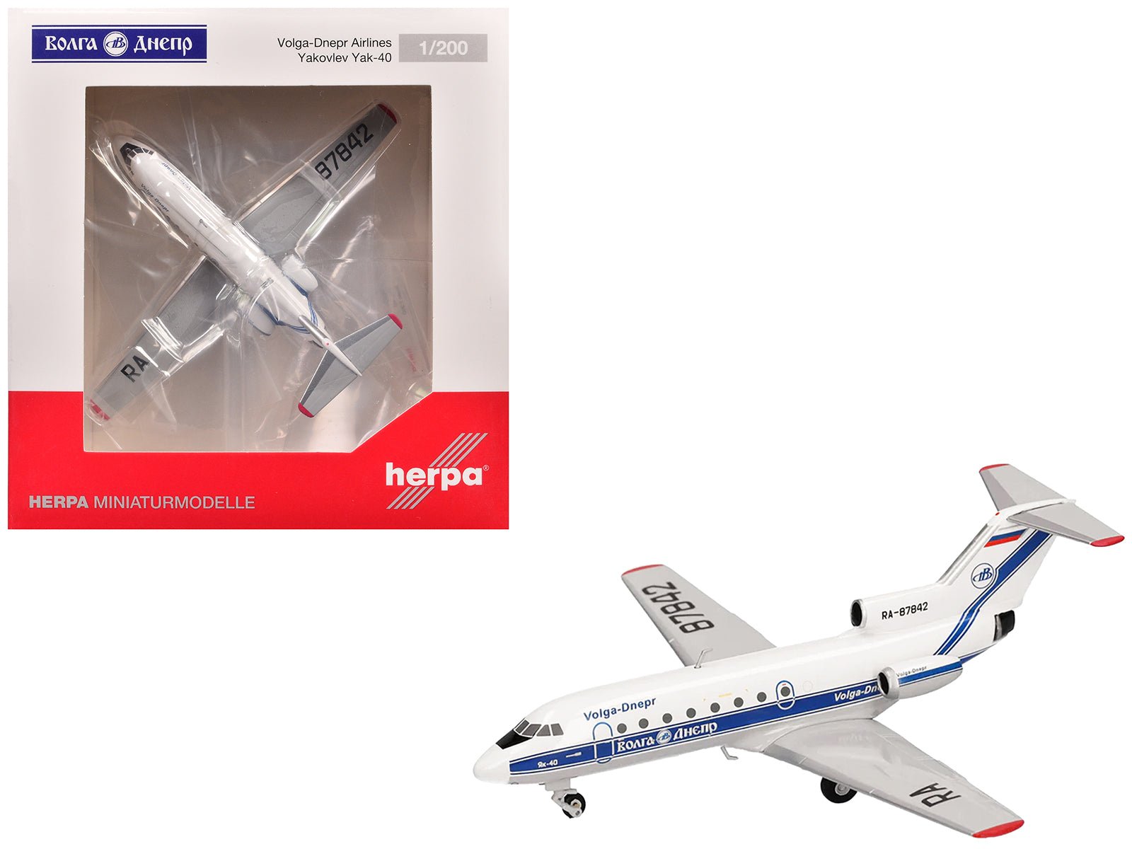 Yakovlev Yak - 40 Commercial Aircraft "Volga - Dnepr Airlines" (RA - 87842) White with Blue Stripes 1/200 Diecast Model Airplane by Herpa free shipping USA - Rapid Vehicles