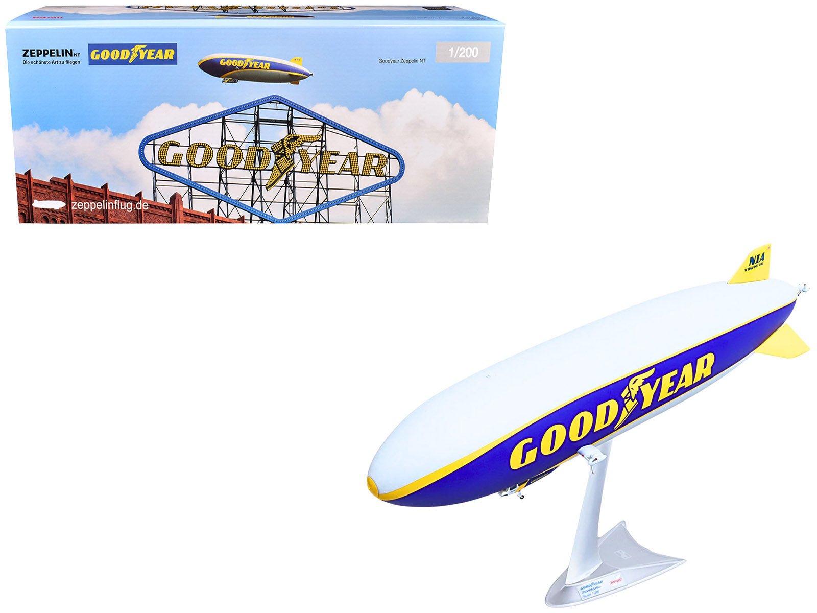 Zeppelin NT Aircraft "Goodyear Blimp - Wingfoot One" (N1A) Gray and Blue with Yellow Stripes 1/200 Diecast Model by Herpa free shipping USA - Rapid Vehicles